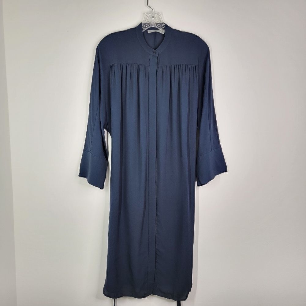 VINCE Silk Shirred Belted Shirtdress Coastal Blue Size Small - Picture 2 of 13